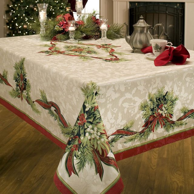 Benson Mills Christmas Ribbons Printed Fabric Tablecloth